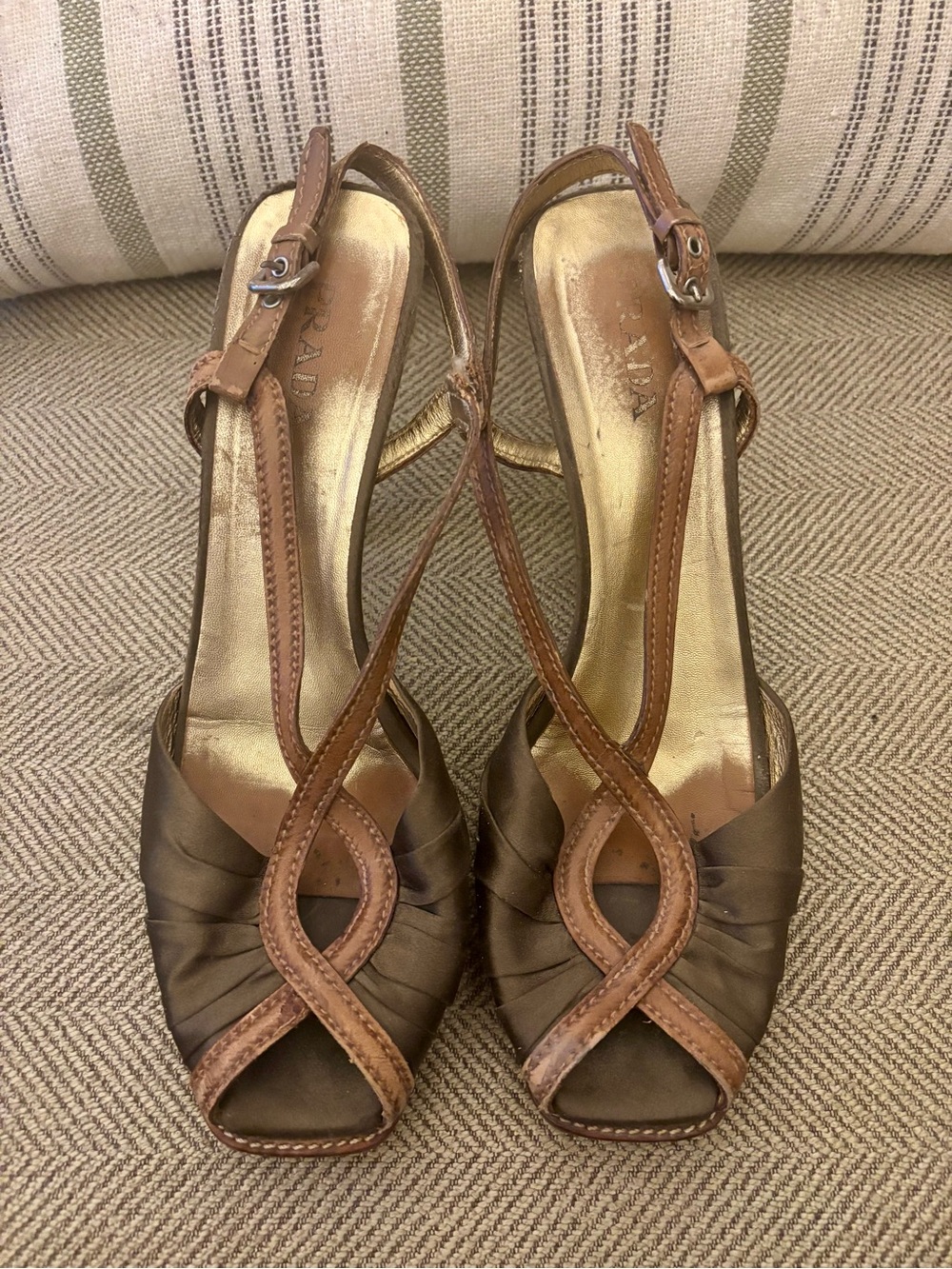 Authentic Vintage Prada Brown and Olive Satin Slingback Heels